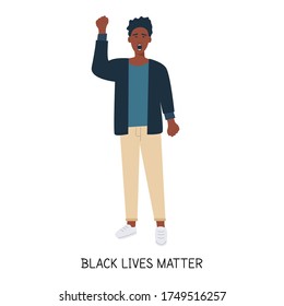 African American protester, hand fist raised up into air. Black man protesting, fighting for human rights rebel manifestation. Black lives matter. Flat vector illustration.