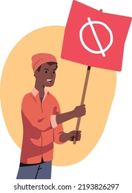 African American Protester Man Holding No Sign Placard On Demonstration Or Rally. Angry Black Activist Person Protesting Against Rights Violation. BLM, Protest Activism Flat Vector Illustration