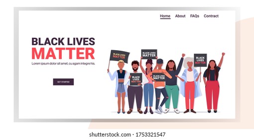 african american protesters with black lives matter banners awareness campaign against racial discrimination support for equal rights of black people horizontal copy space vector illustration