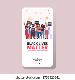 african american protesters with black lives matter banners awareness campaign against racial discrimination support for equal rights of black people smartphone screen copy space vector illustration