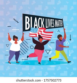 african american protesters with black lives matter banners protesting against racial discrimination social problems of racism full length vector illustration