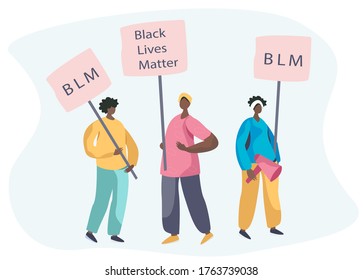 African American Protesters with Black Lives Matter Placards,Posters,Megaphone Speaker and Loudspeaker Protesting on Strike or Demonstration.No Racism Concept.Fight for Rights.Vector Illustration