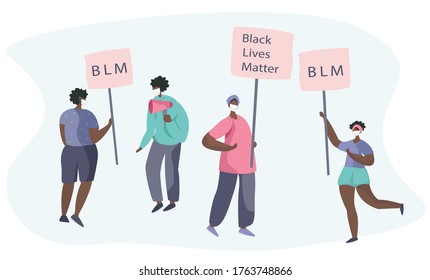 African American Protesters with Black Lives Matter Placards,Posters,Megaphone Speaker and Loudspeaker Protesting on Strike or Demonstration.No Racism Concept.Fight for Rights.Vector Illustration
