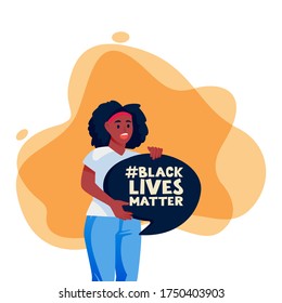 African american protesting woman with speech bubble poster. Black lives matter hashtag, protest and fight for rights concept. Vector flat cartoon character illustration of political activist person