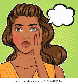 African american sad pop art woman face crying with teardrops holding her head with thinking bubble in retro comic style