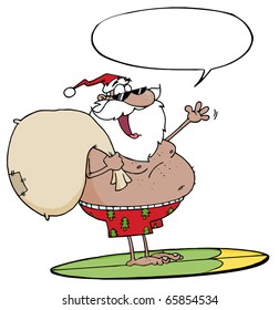 African American Santa Carrying His Sack While Surfing With Speech Bubble