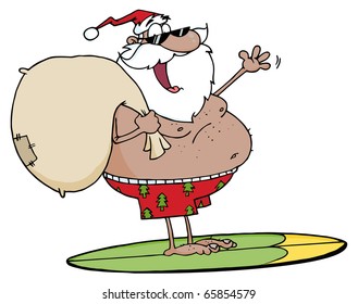 African American  Santa Carrying His Sack While Surfing