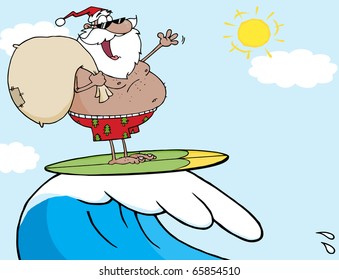 African American Santa Claus Carrying His Sack While Surfing