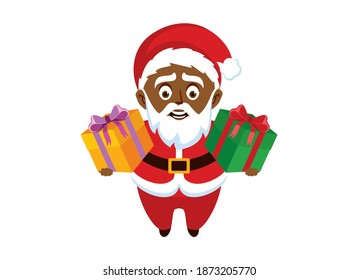 African american Santa Claus with a gift box icon vector. Cheerful black santa claus holding gift box cartoon character. Happy african santa icon isolated on a white background