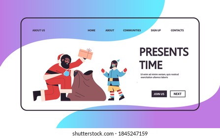 african american santa claus with girl elf in costume preparing gifts happy new year merry christmas holidays celebration concept full length horizontal copy space vector illustration