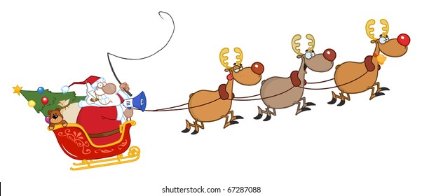 African American Santa Claus And Team Of Reindeer In His Sleigh Flying