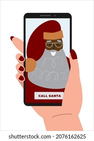 African American Santa Claus Vector Illustration On White Background. Hand Holding Smartphone With App On Screen. Virtual Video Conference With Black Father Christmas. Holiday Online Greeting.