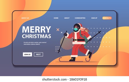 african american santa claus in vmask skiing with gift boxes happy new year merry christmas holidays celebration concept full length horizontal copy space vector illustration
