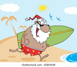 African American Santa Running On A Beach With A Surfboard