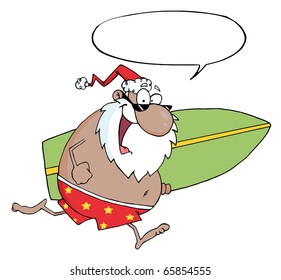 African American Santa Running With A Surfboard  With Speech Bubble