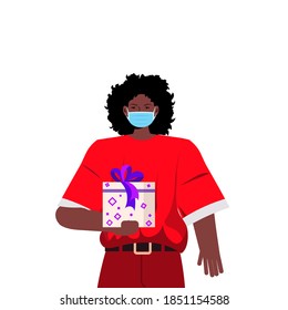 african american santa woman in mask holding gift box new year christmas holidays celebration coronavirus quarantine concept portrait vector illustration