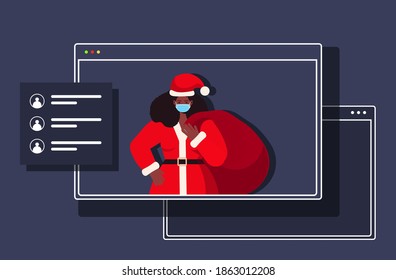 african american santa woman in mask holding sack new year christmas holidays celebration coronavirus quarantine online communication concept web browser window portrait horizontal vector illustration