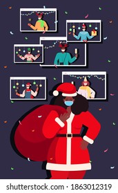 african american santa woman in mask discussing with mix race people during video call new year christmas holidays celebration online communication self isolation concept vertical portrait vector