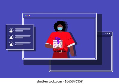 african american santa woman in web browser window holding gift box new year christmas holidays celebration coronavirus quarantine online communication concept portrait horizontal vector illustration