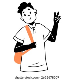Menino de escola afro-americano com mochila mostrando a ilustração minimalista da linha do vetor do gesto da paz isolada no branco.