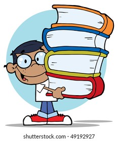 African American School Boy Carrying A Stack Of Books