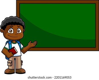 African American School Boy Cartoon Character With Textbooks Pointing To Green Chalk Board. Vector Hand Drawn Illustration Isolated On Transparent Background