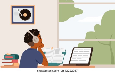 African American school boy in earphones studying at home making homework sitting at desk with laptop in his room flat vector illustration. Primary school kid studying online or homeschooling.
