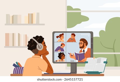 African American school boy in earphones sitting at desk at home studying online looking to computer screen with teacher and other students flat vector illustration.