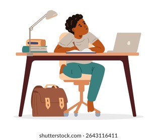 African American school boy studying at home making homework sitting at desk flat vector illustration isolated on white. Primary school kid studying online or homeschooling.