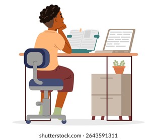 African American school boy studying at home making homework sitting at desk with textbook and laptop flat vector illustration isolated on white. Primary school kid studying online or homeschooling.