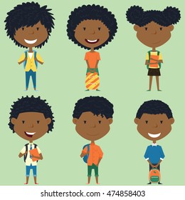 African american school boys and girls standing with books and backpacks. Vector collection of kids characters. Cute pupils set. 