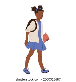 African American school girl with a backpack and a textbook in her hands. Flat vector illustration on isolated white background