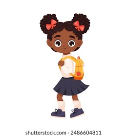 African American school girl with backpack going to school. Cartoon vector illustration isolated on white background. Back to school concept