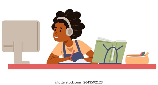 African American school girl in earphones studying at home looking to computer screen flat vector illustration isolated on white. Primary school kid studying online or homeschooling.