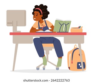 African American school girl studying at home sitting at desk and looking to computer screen flat vector illustration isolated on white. Primary school kid studying online or homeschooling.