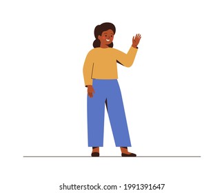 African American school girl waves a hand and saying hello or bye to somebody. Smiling female teenager in casual clothing does greeting gesture. Vector illustration