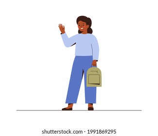 African American school girl waves a hand and saying hello or bye to school. Smiling female teenager with bagpack does greeting gesture. Vector illustration