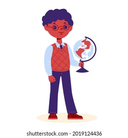 African American schoolboy with a globe. Pupil with school supplies. Vector illustration in cartoon style. Isolated on a white background.