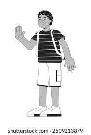 African american schoolboy greeting waving black and white 2D line cartoon character. Schoolkid black boy with backpack isolated vector outline person. Back to school monochromatic spot illustration