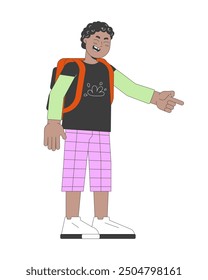 African american schoolboy pointing finger 2D cartoon character. Black boy with backpack mocking isolated flat vector person white background. Bully kid laughing mockingly color spot illustration