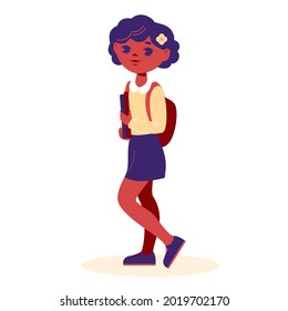 African American schoolgirl with a backpack and books is standing. Vector illustration in flat cartoon. Isolated on a white background.
