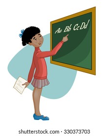 African American schoolgirl at blackboard, vector image, eps10