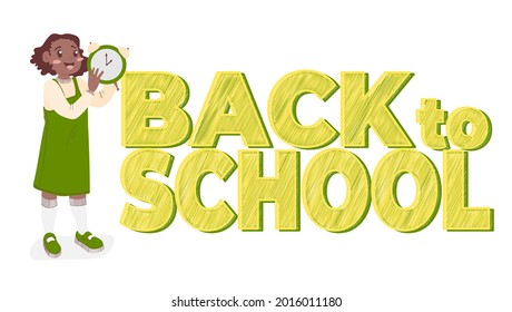 An African American schoolgirl in a green sundress holds an alarm clock in her hands and slogan back to school. Vector illustration in flat cartoon style. Isolated on white background.