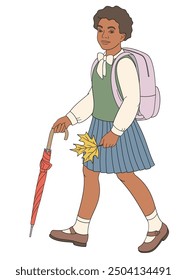 African American schoolgirl in school uniform with umbrella and  backpack