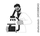 African american scientist looking in microscope black and white 2D line cartoon character. Male doctor studying sample isolated vector outline person. Researching monochromatic flat spot illustration