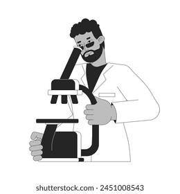 African american scientist looking in microscope black and white 2D line cartoon character. Male doctor studying sample isolated vector outline person. Researching monochromatic flat spot illustration