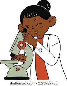 Científico afroamericano usando microscopio. Ilustración vectorial al estilo de las caricaturas.