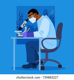 African American Scientist In White Coat Working With Microscope In Clinical Laboratory. Night City Outside The Window. Doctor At Work. Cartoon Flat Vector Illustration Isolated On White Background.