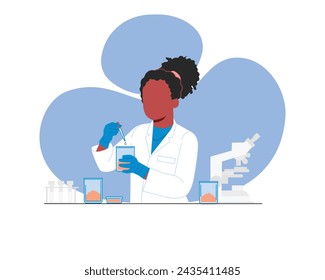 African American scientist working in laboratory. Vector illustration in flat style