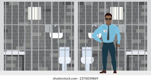 African american security guard near empty prison cell.  Cartoon policeman in uniform. Jail cell staff, prison interior with furniture. Penitentiary system banner. Flat vector illustration